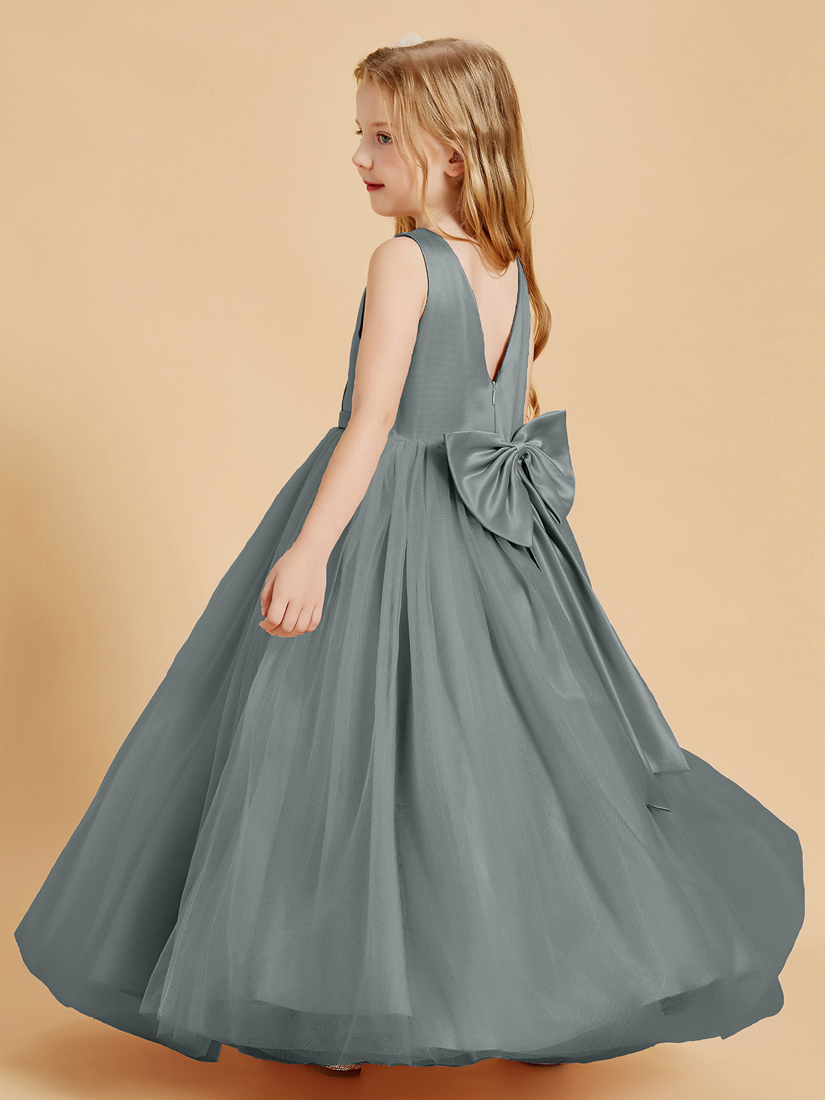 Tulle Junior Bridesmaid Dresses Satin Top Steel Grey
